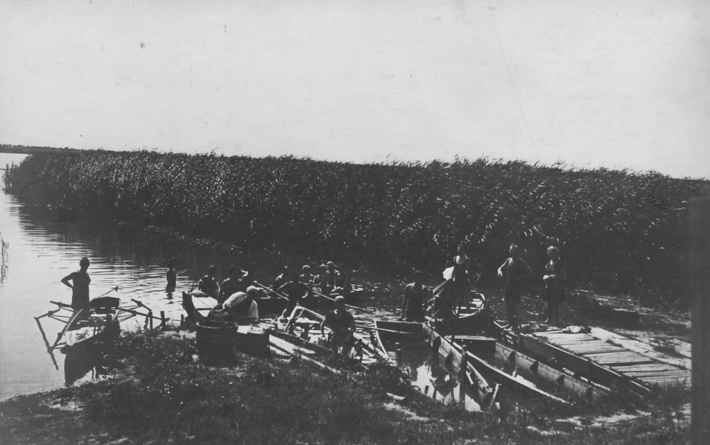 Istorijska fotografija veslača i čamaca uz jezero